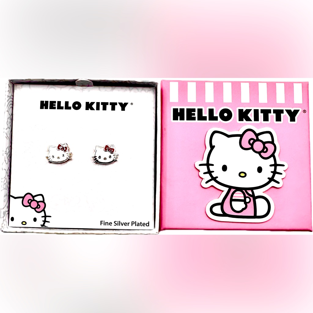 Cute Hello Kitty Face Earrings, New In Box-Brass Silver Plated, Enamel & Crystal